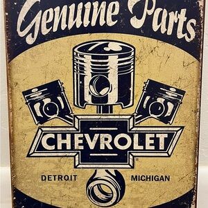 Chevrolet Vintage Art Print - Navy Blue and Gold Metal Sign